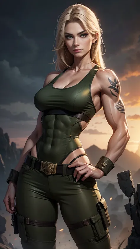 A gorgeous and stunning female soldier fighting on the battlefield, smirking, tall, statuesque, imposing, towering, biceps, triceps, eight pack abs, extremely defined abs, tank top, wide shoulders, narrow hips, narrow waist, huge breasts, slim, slender, to...