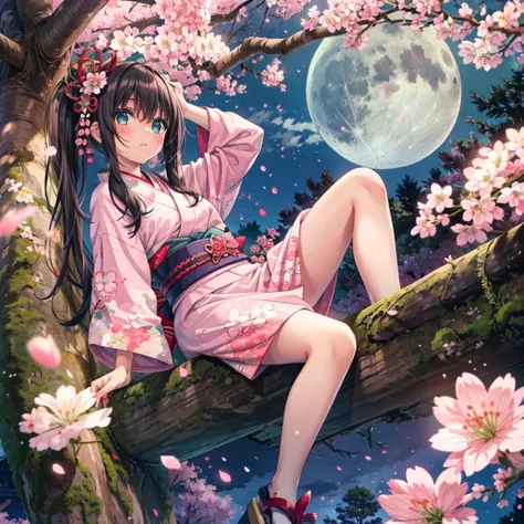 (masterpiece), best quality, 1girl, solo, a girl wearing pink kimono laying down on top of a tree with cherry blossoms at night,...