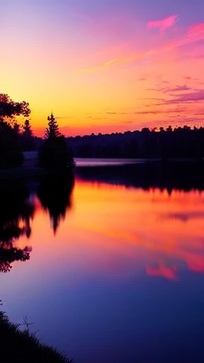 There is a beautiful sunset with the lake and trees in the background, Colorful sky, Surreal colors, Colorful sunset, Colorful sky, Wonderful reflection of the sky, Stunning sky, Dream like an 8K atmosphere, Colorful clouds, The colors reflected on the lak...