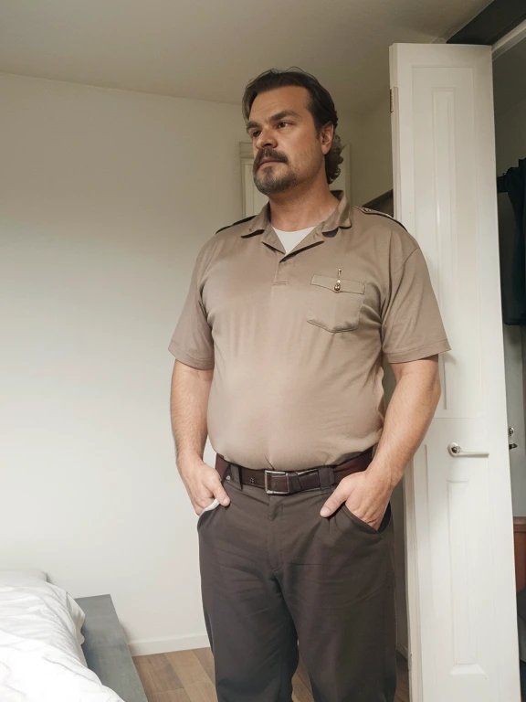 1 man, photo taken in the 80s, american, middle aged, police sheriff, sheriff hopper, stranger things, david harbour, police chief, in police uniform, tan shirt, brown pants, covered belly, large covered belly, covered nipples, large chest, stocky build, o...