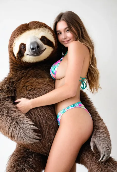 Large massive gigantic stuffed animal giant sloth monster carries topless beautiful bikini  teen girl in his arms embrace  cuddling 