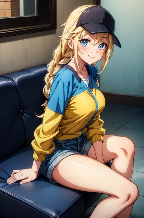 a cartoon girl with blue hair and yellow jacket sitting on the floor, 1girl, solo, hat, braid, blonde hair, blue eyes, baseball cap, breasts, smile, sitting, shorts, shirt, long hair, looking at viewer, blue shirt, thighs, black headwear, large breasts, sh...