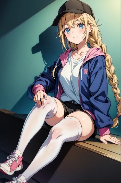 a pretty anime girl sitting in front of a baseball hat and with a long wig on, 1girl, hat, solo, braid, long hair, blonde hair, blue eyes, twin braids, thighhighs, smile, shirt, shorts, white shirt, jacket, white thighhighs, looking at viewer, shoes, baseb...