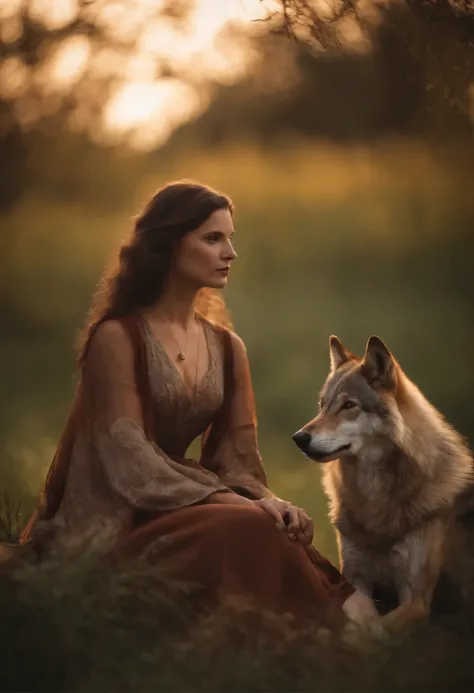 arafed woman sitting in a field with a wolf, wolf companion, inspired by Wolf Huber, tenderness, inspired by Nell Dorr, wolfgirl, wolf like a human, wolves and their treasures, inspired by Annie Leibovitz, her friend the cunning coyote, inspired by Alphons...