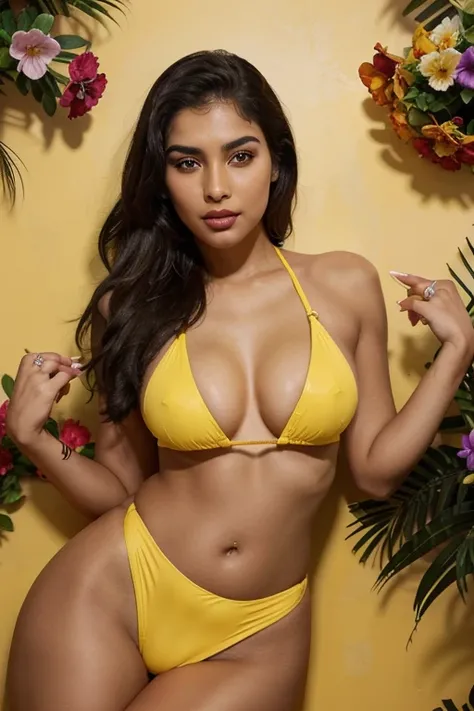 A glossy skin girl, age 23 years old, wearing yellow purple colored bikini with design, cleavage, red juicy lips, designer bikini, background flowers, glossy skin, wearing rings, detailed eyes, full makeup, eyebrow colored, Indian face, picture head to kne...