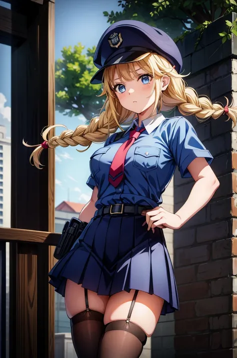 female anime character wearing a dress and a hat walks down the street, 1girl, gloves, breasts, skirt, navel, shirt, blue eyes, midriff, solo, blonde hair, hat, necktie, thighhighs, short sleeves, outdoors, crop top, stomach, garter straps, looking at view...