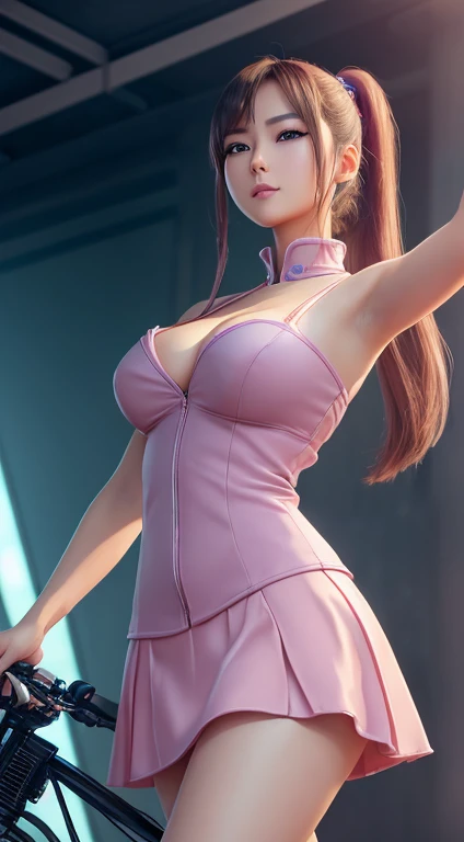 best quality, ultra high res, (photorealistic:1.4), 1girl,nice detailed eyes, heavy eye makeup, slim waist, blush, detailed eye makeup, puffy eyes, solo, perfect anatomy, (busty), (cleavage),(slender),(pink hair:1), (looking at viewer),(marine blue eyes),(...