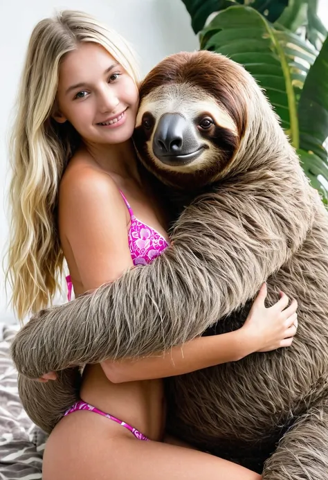 Large massive gigantic stuffed animal giant sloth monster carries topless beautiful bikini  blonde young teen girl in his arms embrace  cuddling 