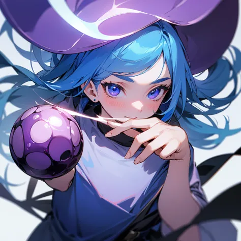 Blue hair girl on soft background holding a purple magic ball in her hand 