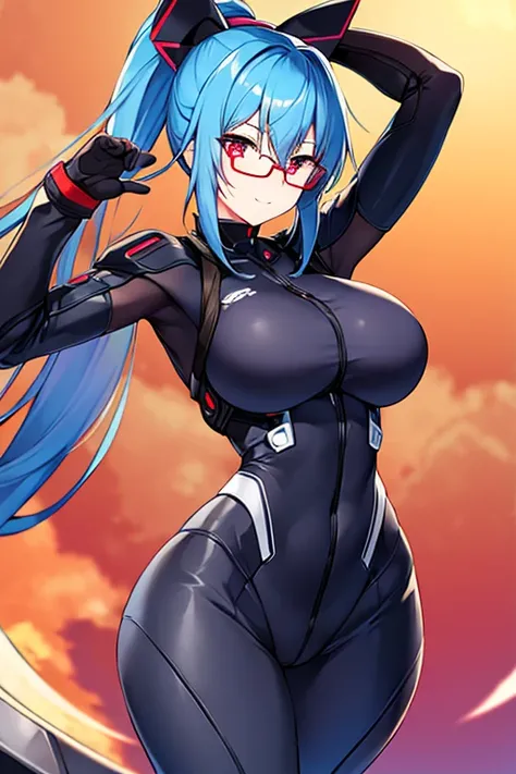 1girl, robot girl, robot, large breasts, breasts, thick thighs, blue hair, long ponytail, ponytail, light smile, happy, red glasses, glasses, eyewear, red eyes, bodysuit, black bodysuit, futuristic, science-fiction, machinery, tech, hands down, ((hands dow...