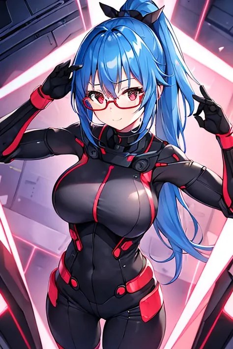 1girl, robot girl, robot, large breasts, breasts, thick thighs, blue hair, long ponytail, ponytail, light smile, happy, red glasses, glasses, eyewear, red eyes, bodysuit, black bodysuit, futuristic, science-fiction, machinery, tech, hands down, ((hands dow...