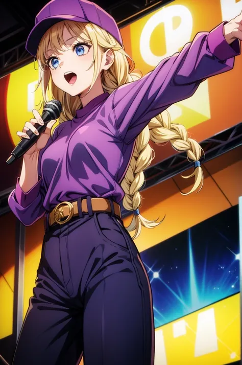 a blonde girl in a purple shirt holding a microphone up at the sky, 1girl, solo, blonde hair, blue eyes, long hair, microphone, braid, purple shirt, open mouth, hat, baseball cap, holding microphone, pants, music, belt, holding