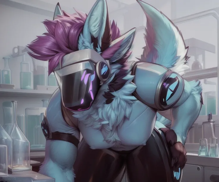  ((( light blue protogen  )) ), (by Homogenousrule, by Wildering, by Foxovh, by Catcouch), 4k,(by totesfleisch8 and white fur, 
(( posing in a laboratory for image )),Sharp gaze, hentai , anthro, shortstack, standing, looking  at viewer,muscular, backgroun...