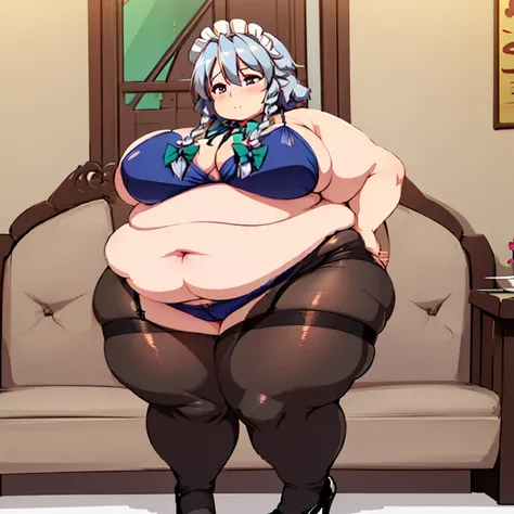 1girl, top-heavy figure, ((((incredibly big chest)))), ((((big tits)))), (((saggy chest))), plump, incredibly plump, (big belly), pout, embarassed, wide, (((obese))), (((fat))), ((love handles)), double chin, out of shape, obese, fatty, shortstack, short w...