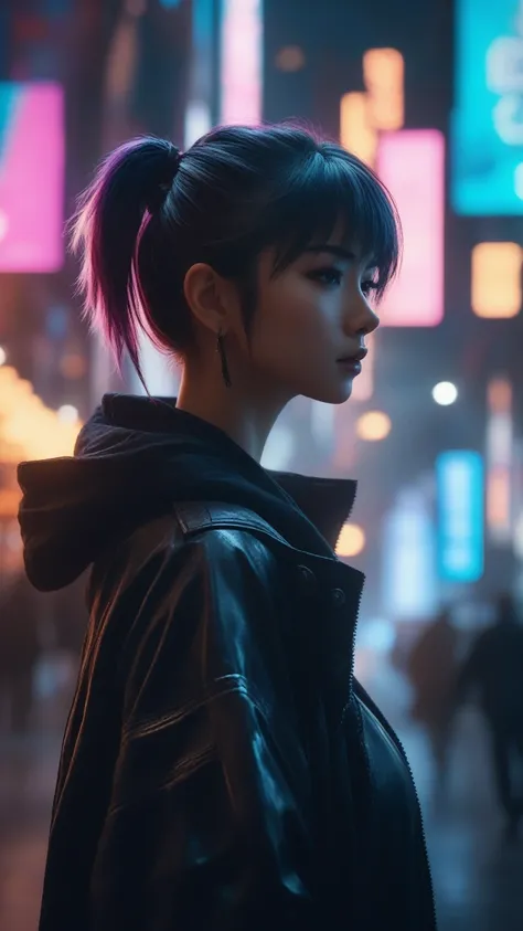 Cinematic perfect shot. Anime girl in action in cyberpunk style. Extreme details, volumetric lighting, cinematic scene, full focus, 16k, UHD, HDR, Intricate textures, Ethereal glow, Dynamic composition, Play of shadows, Hyper-realistic clarity, Enveloping ...