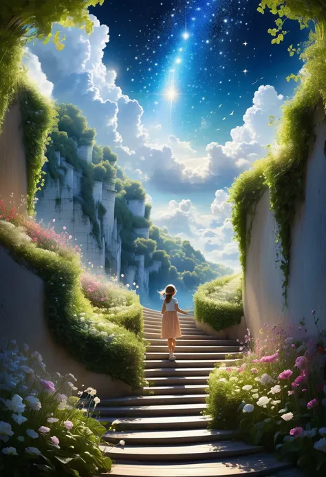 A young girl discovers a magical staircase leading to heaven, represented by a magnificent celestial landscape. Elle monte les escaliers, guided by music, et éprouve diverses émotions tout au long du chemin.