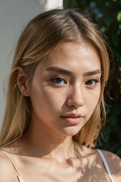 Realistic portrait photo of beautiful 20-years old young Japanese asian woman with blonde hair , influencer, clear and intense blue eyes , Instagram , light makeup,hyperdetailed photography, soft light, similar face to Adriana Lima , glasses