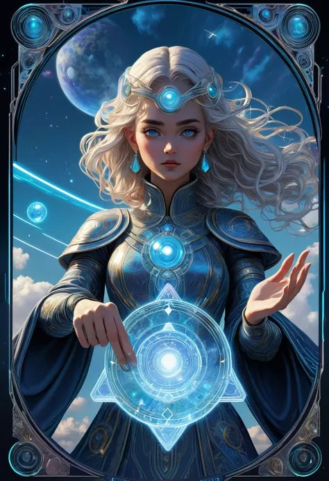 Tarot Cards, aesthetic, An updated Tarot card, "Tech Mage", symbolizing power, creation, and resourcefulness. Show a figure in a futuristic setting manipulating a hologram, one hand pointing to the sky, the other to the ground. Use Tarot suits as tech elem...