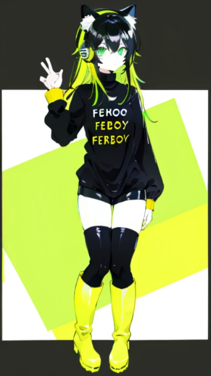 (layout, excellent quality) ,whole body, boy, femboy, cat ear headphones, black long sleeve sweater, bored expression, fluffy thick hair, Bright eyes, (One), bright green acid colors, simple, Rubber boots, short shorts, 