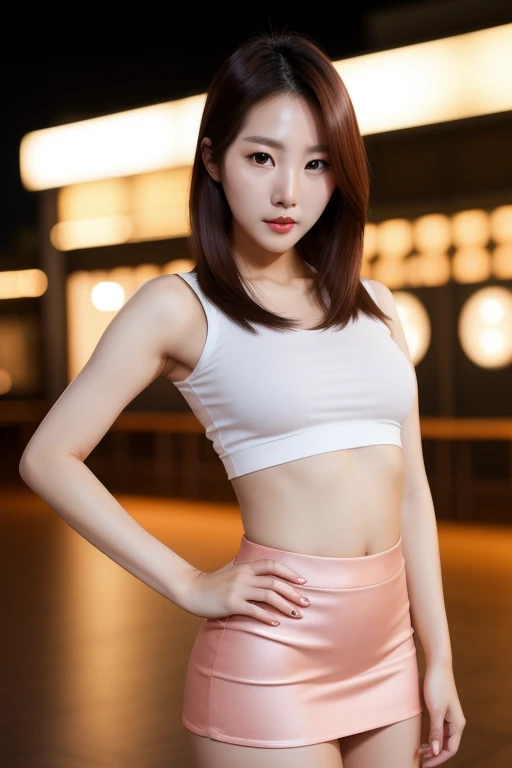 a woman, 1 sexy korean super model girl, short white hair, brown eyes, sexy confident looking eyes, crop top, very mini tight skirt, parted lips, blush, night, empty modern night club, facing front, pose 1.4 to camera , various shot angle ,