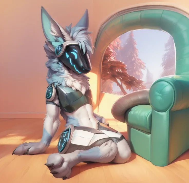  ((( light blue fur protogen robot 
Sitting down in front of a green chair kind of dozed out holding a drink in the air green chair behind him with his arm resting on the seat sitting on the floor in front of the chair ))), robot , (by Homogenousrule, by W...