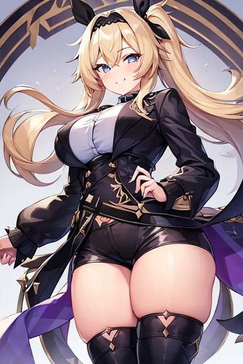 1girl, eula (genshin impact), eula, cropped jacket, black jacket, long sleeves, sleeves, white shirt, spiked hair, black headband, headband, large breasts, wide hips, thick thighs, shorts, short pants, black shorts, urban, smile