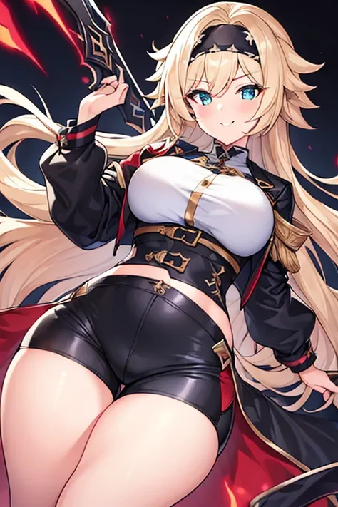 1girl, eula (genshin impact), eula, cropped jacket, black jacket, long sleeves, sleeves, white shirt, spiked hair, black headband, headband, large breasts, wide hips, thick thighs, shorts, short pants, black shorts, urban, smile