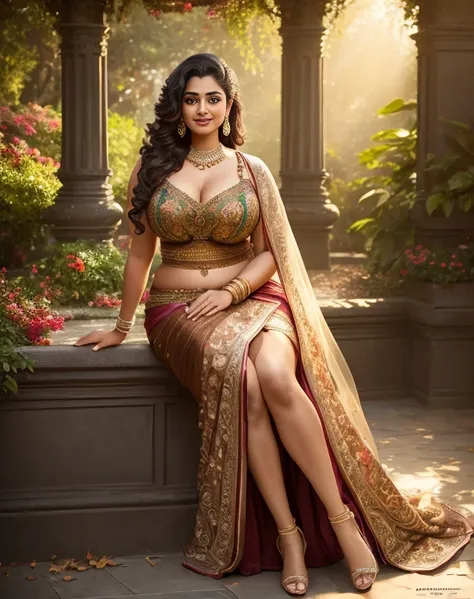 (masterpiece portrait photography:1.4) of a  alluring sexy curvy tall supermodel Suhasini Iyer, posing in a garden , wearing beautiful, wearing ornate skirt and bralette, ornate venetian garden, heels, arms over head, armpits, (big flowing backlit hair), v...