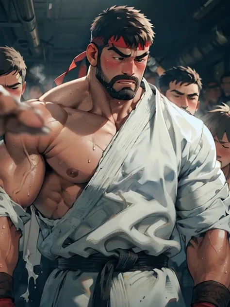 ((highest quality, 8K, Super detailed, : 1.3)),(Ryu), beard,（cowboy shot), (middle aged male),(trembling effect motion lines with sexual climax),white bodice jacket,Lower body exposed,torn clothes,expression of agony,blush,sweaty,sweat vapor,Bukkake,NSFW, ...