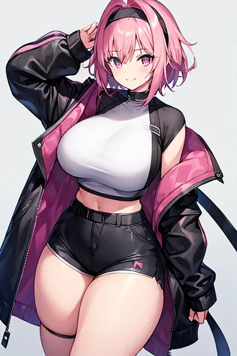 1girl, pink hair, very short hair, eula, cropped jacket, black jacket, long sleeves, sleeves, white shirt, spiked hair, black headband, headband, large breasts, wide hips, thick thighs, shorts, short pants, black shorts, urban, smile, normal clothes, simpl...