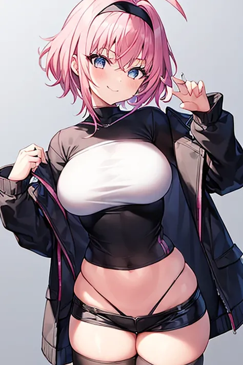 1girl, pink hair, very short hair, eula, cropped jacket, black jacket, long sleeves, sleeves, white shirt, spiked hair, black headband, headband, large breasts, wide hips, thick thighs, shorts, short pants, black shorts, urban, smile, normal clothes, simpl...