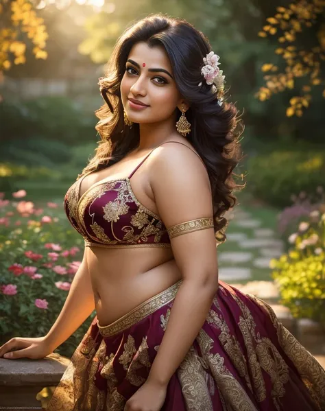 (masterpiece portrait photography:1.4) of a  alluring sexy curvy tall supermodel Suhasini Iyer, posing in a garden , wearing beautiful, wearing ornate skirt and bralette, ornate venetian garden, heels, arms over head, armpits, (big flowing backlit hair), v...