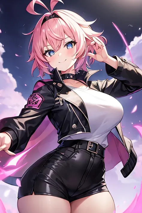 1girl, pink hair, very short hair, eula (genshin impact), black jacket, jacket, shirt, white shirt, spiked hair, black headband, headband, large breasts, wide hips, thick thighs, shorts, short pants, black shorts, urban, smile, normal clothes, simple cloth...