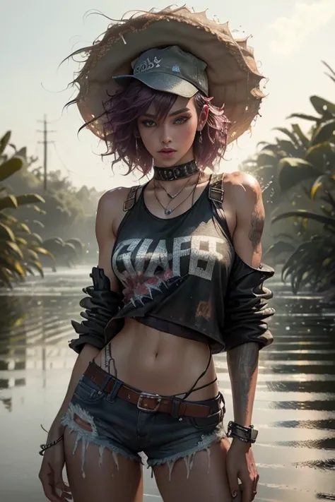 Beauty in hair, with a hat, short punk outfit, Dew, wet body and clothes, drops on the body, High humidity, dynamic pose,(Delicate images),(Photorealistic: 1.4),(Highly detailed),(high resolution),(Best quality),(masterpiece)