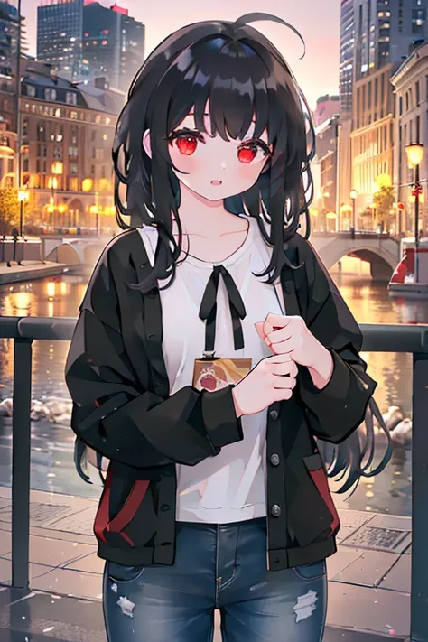 (Best quality,4K,8K,A high resolution,Masterpiece:1.2),Ultra-detailed,(Realistic,Photorealistic,photo-realistic:1.37),Girl with( long black hair, )casual clothes, bows, ribbons, ahoge, red eyes 