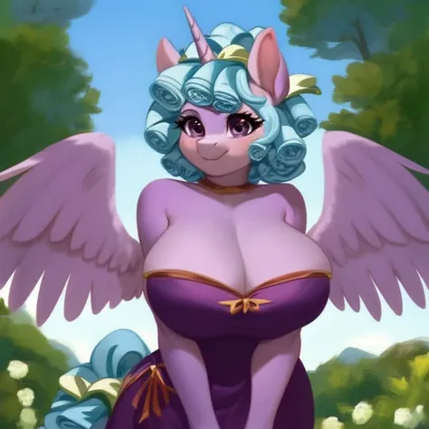 (score_9), (source_pony), (solo), (alicorn), ((anthro cozy glow fusion twilight sparkle:1.2)), (sexy dress), facing you, sexy, smiling, sensual, long Messy hair, anatomically correct, night garden, standing near fountain, huge breast, half body, anime art ...