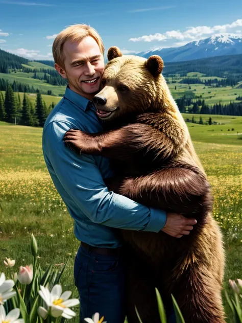 sandwiched, , 1boys, a bear, a grizzly bear, hetero, twosome, boy is putin, a big grizzly, men hugging the bear , size difference, height difference, a growl, a predatory grin, horror, screaming, spring, green lawn, rolling hills, detailed character design...