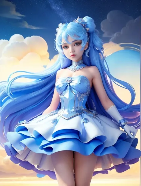 ((In front a  Dreamy bubbly clouds and in luminating futuristic night sky)) A girl stands ((full body))  luminescent beauty, long spiralling blue twin ponytails on each side of head. Wears a blue strapless dress with bubble double layered Skirt, and frilly...