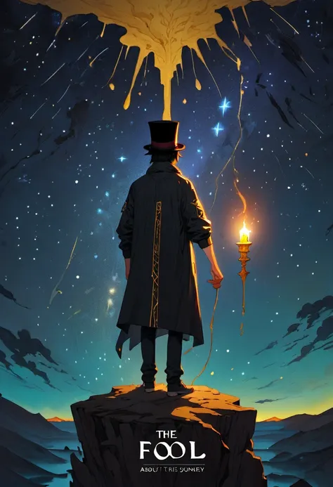 Tarot Card, The Fool, On the face of the card is a young man wearing a black top hat and a long windbreaker. He stands with his back to the viewer at the edge of a cliff, with a deep abyss at his feet. He holds a faint source material candle in his hand, a...