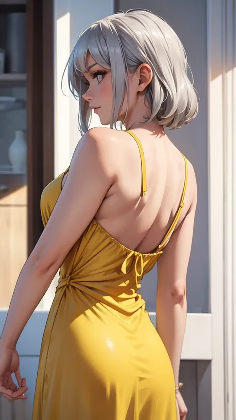 Silver haired woman in dress, 1woman, solo, yellow sundress, photorealistic, realism, realistic, human, back turned 