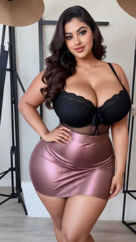 Madhubala Indian sexy curvy plus size body beautiful actress in a Sassy Chic Mini Skirt posing for a picture in Whispering Willow Way for a photoshoot, camera front facing, smilling face, head to toe view, full body shot, hourglass body shape, curvy plus s...