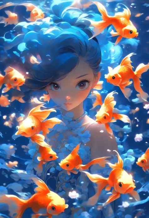 ((Inside a tank with  inluminating goldfish)) A girl wearing a gold and white night dress ((full body)) with luminescent smooth  strands of blackish blue  long spiralling blue twin pony tails on each side of head. blue off shoulder  double layered straps a...