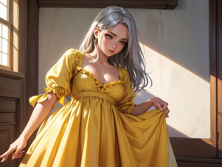 Silver haired woman in dress, 1woman, solo, yellow sundress, photorealistic, realism, realistic, human, lifting dress