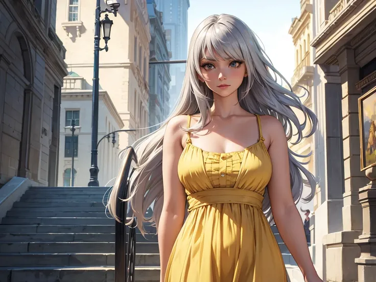 Silver haired woman in dress, 1woman, solo, yellow sundress, photorealistic, realism, realistic, human, lifting dress