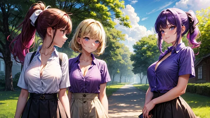 2girls, summer, village, trees, sun, clouds, ((colorful hair)), ponytail, large breasts, button down, blue eyes, ((purple shirt)), ((unbuttoned shirt)), unbuttoning buttons, popping buttons, ((short sleeved shirt)), black mini skirt, brown shoes, grin, loo...