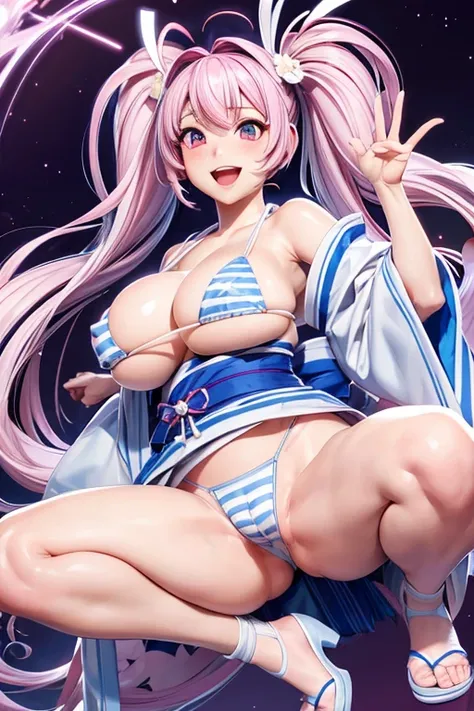 NSFW, Sakura hair color twintails, white kimono, very big breasts, Micro bikini with white and blue stripes, white and blue striped panties, Ecstatic smile, very out one&#39;s crotch, Masturbation with mouth open, creampie, very meny sperma, open the outfi...