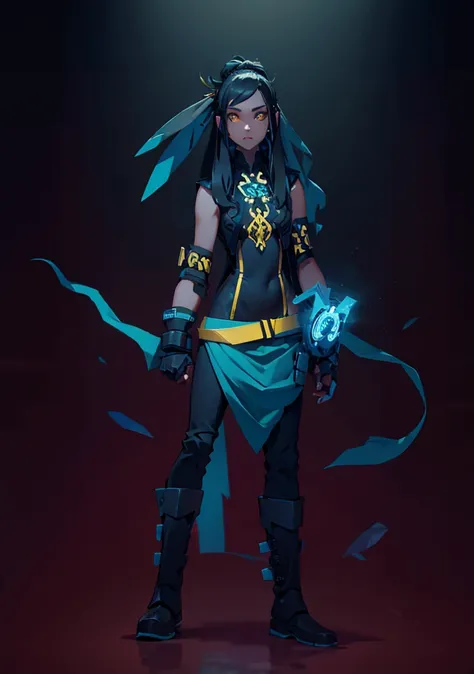 cyber punk black yellow blue clothes, a beautiful woman, hair bun, (long hair), dark hair, wearing headset, tucking big bird feathers on her hair, blouse with beautiful mandala motive, mandala tattoo on her arms, (metal armored hand), (holding wavy metal b...