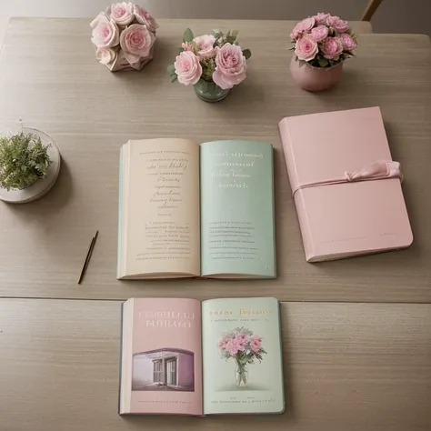 Books with pastel covers, which are aesthetically arranged lying on a light brown table. Man blickt von oben auf sie herab