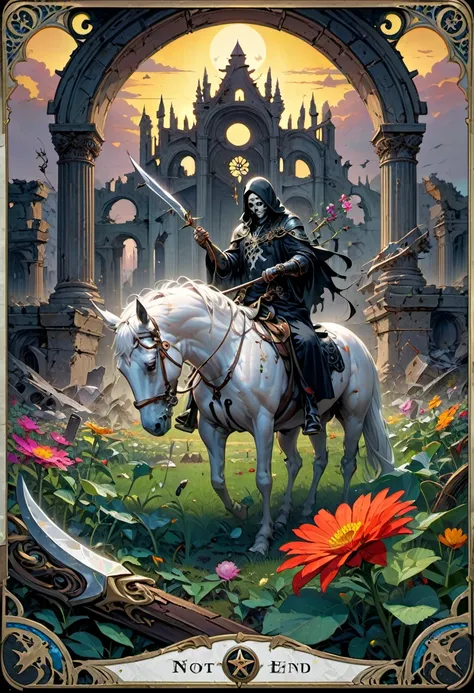 Tarot Card border, card of Death, Death rides a white horse through the ruins, wielding his sickle and harvesting the flower of life for all living beings in the world. However, the dawn in the distance first appeared, and new sprouts emerged, symbolizing ...