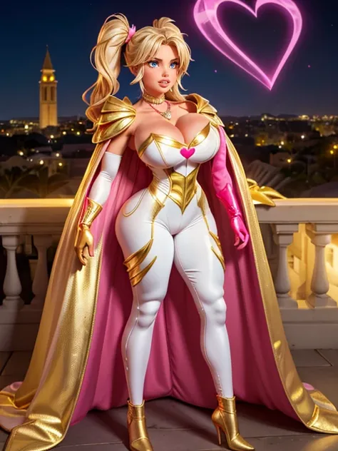 wavy blonde hair, pink highlights,pink thick lips, beautiful long legs, glowing skin, goofy smile,twintail, white bodysuit,((bodysuit with gold details)), gloves, golden neckline,full body standing,strapless dress,((heart shaped neck necklace)),city at nig...